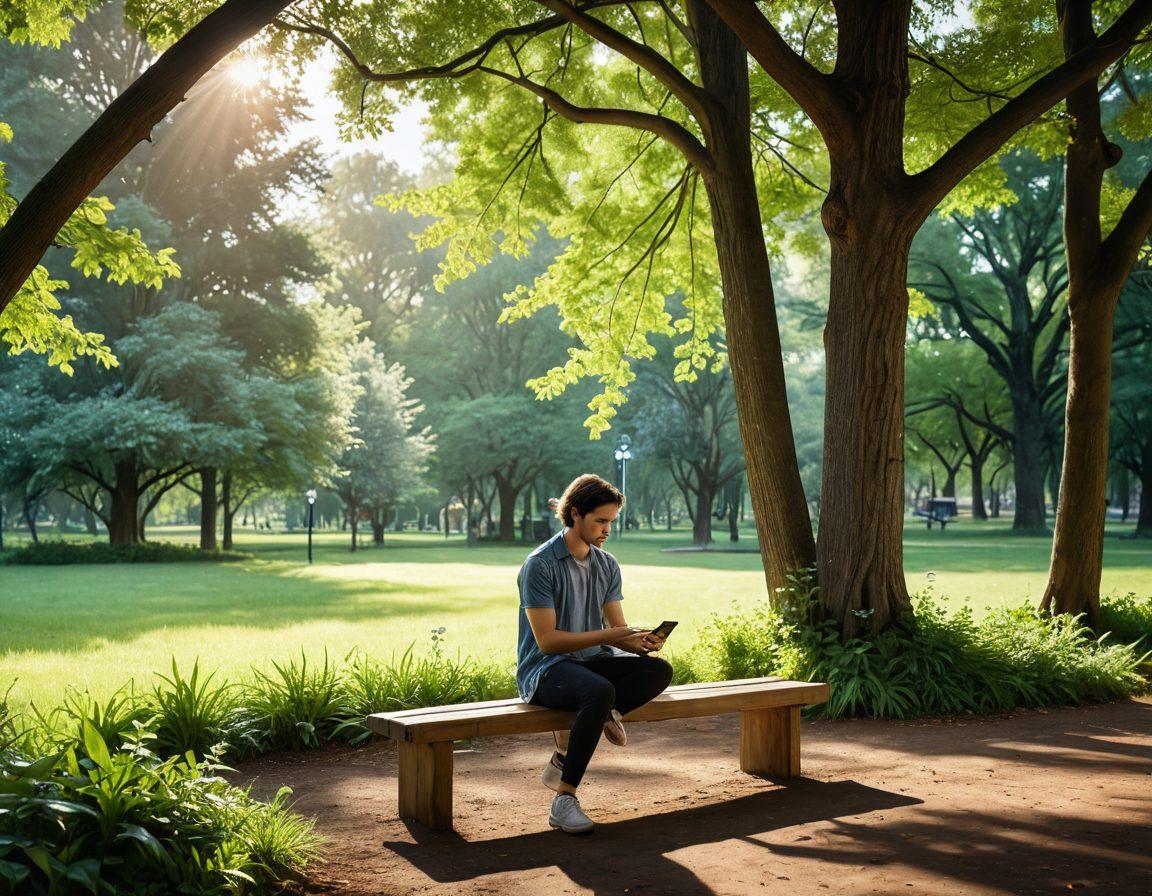 A serene scene showing a person sitting peacefully on a park bench with a smartphone in hand, surrounded by nature. The smartphone displays a glowing shield symbolizing protection and peace of mind. Soft sunlight filters through the trees, casting gentle shadows. In the background, various insurance icons float like clouds, representing different smartphone insurance options. 3D, vibrant colors, calming atmosphere.