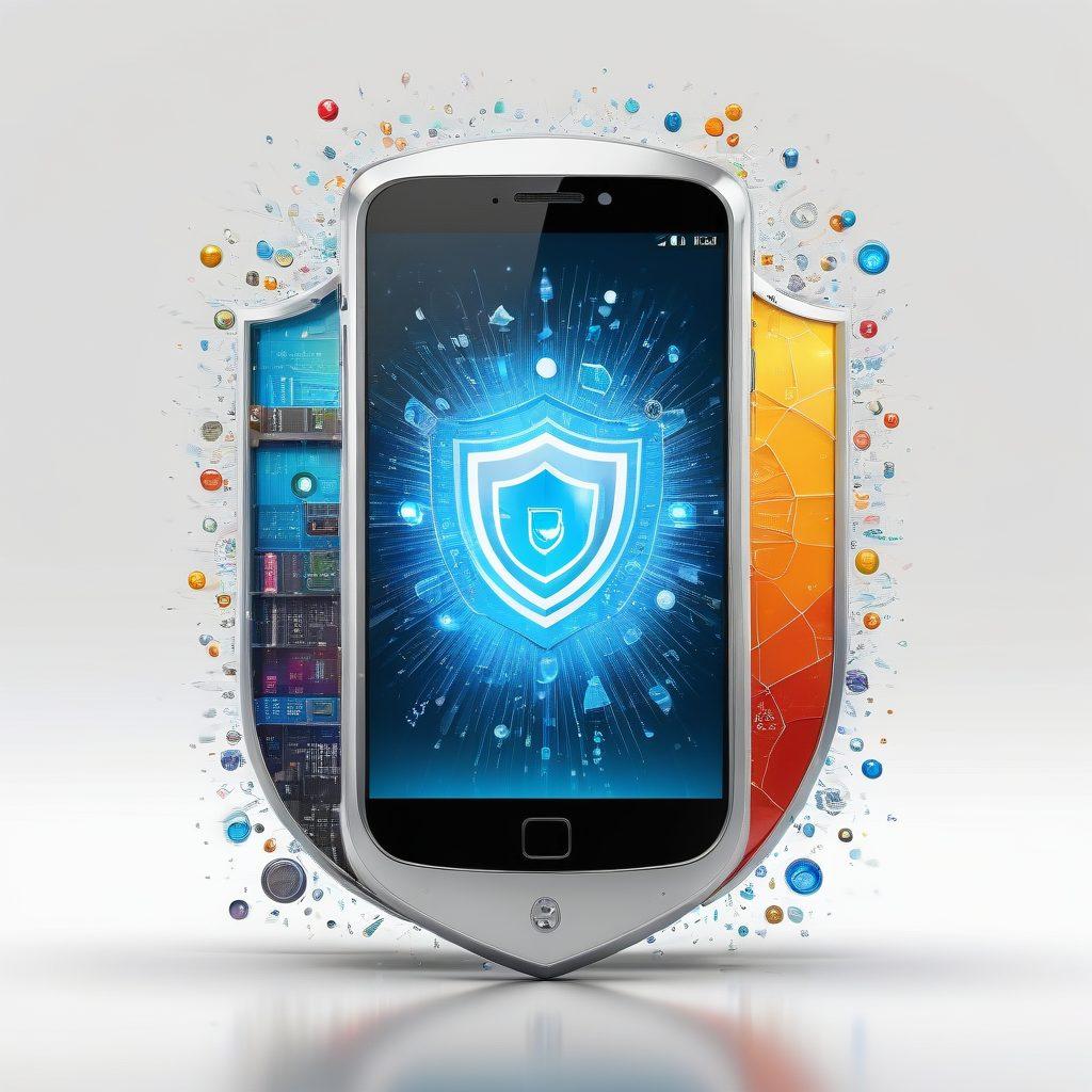 A shield made of digital elements encasing a smartphone, showcasing various threats like viruses and water drops around it. In the background, a graph illustrating cost savings and protection benefits. The scene emphasizes security and technology, with vibrant colors and a sleek futuristic design. super-realistic. vibrant colors. white background.