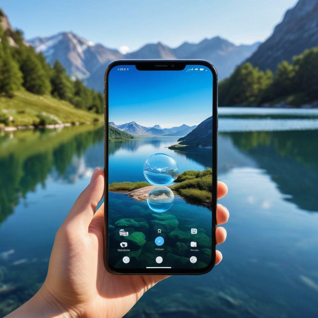 A serene landscape depicting a smartphone floating above a tranquil water surface, surrounded by protective shields resembling bubbles, symbolizing insurance and protection. In the background, soft mountains and a clear blue sky create a peaceful atmosphere. The phone's screen displays a reassuring message about security and peace of mind. Bright and soothing colors enhance the calming effect of the image. super-realistic. vibrant colors. tranquil setting.